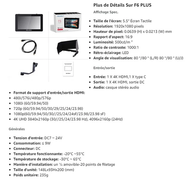 Ecran Moniteur Feelworld F6 Plus 5.5 Pouces - Ecran tactile - FULL HD - 4K HDMI 7