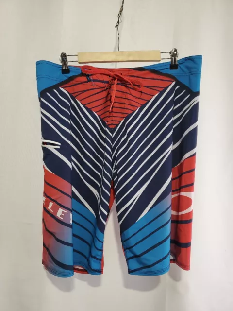 Oakley Mens Red/White Graphic Logo Surf Swim Trunks Zip Pocket Board Shorts 38