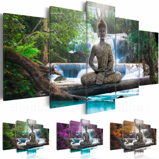 Buddha Vlies Leinwandbild 5 tlg Wandbilder XXL Landschaft Natur Wasserfall Baum