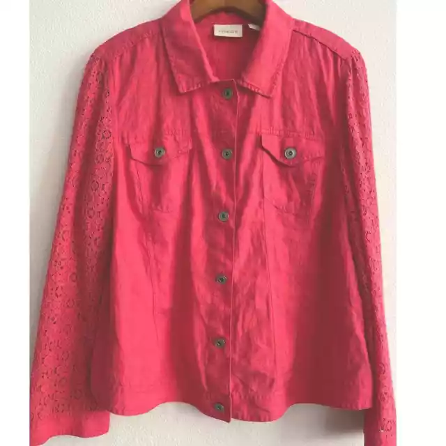 Chico’s Coral Long Lace Sleeves Collared Linen Lean Jacket Size 2 (L)