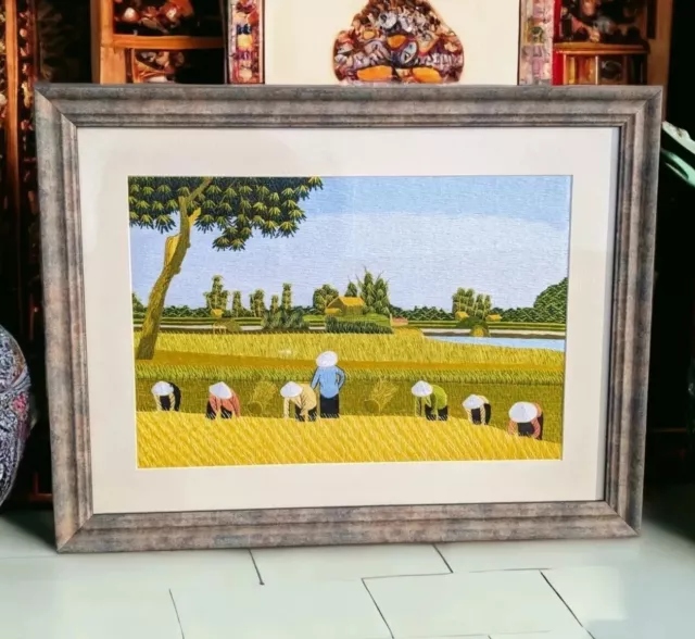 Large 70cm Beautiful Hand Embroidery Japanese Farmers In Rice Field Oriental Art