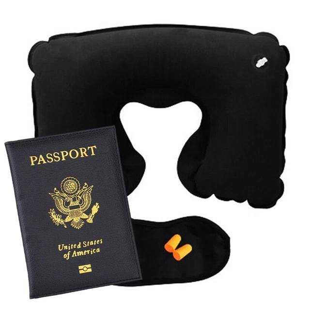 Inflatable Travel Pillow Eye Mask Passport Cover - Neck Pillow Set - Black