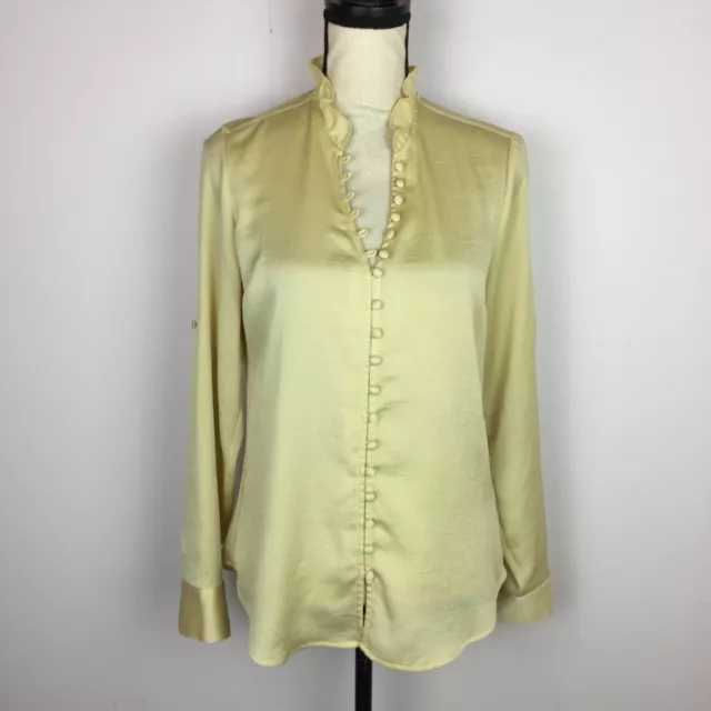 Express The Portofino Slim Fit Shirt Sz S Womans Yellow Cream Ruffle Neck Button