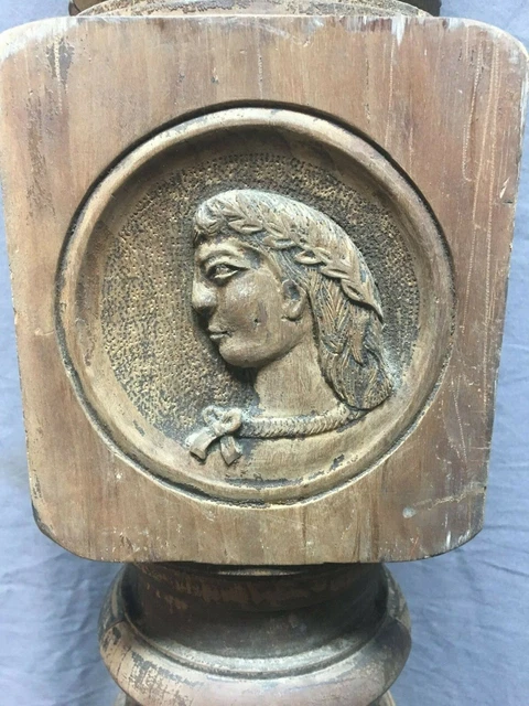 Antique Mahogany Carved Greek Gods Newel Post Staircase Decorative 385-19L 2