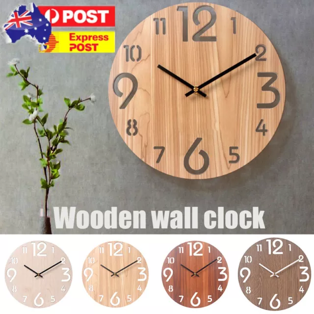 12" 30CM Modern Wood Large Number Quartz Silent Wall Clock Art Round Home Decor