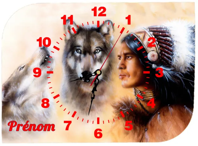 horloge pendule murale indien loup personnalisé prénom au choix réf 58