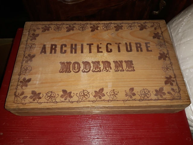 Ancienne Boîte Jeu De Construction En Bois XIXe, Charnière Cuir, Collection