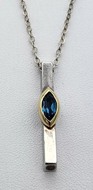 18k 750 Gold & 925 Sterling Silver Movado Blue Topaz Bar Pendant Necklace Ag2338 18k 750 Gold & 925 Sterling Silver Movado Blue Topaz Bar Pendant Necklace Ag2338