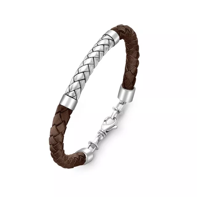 Hoxton Hommes Argent Sterling Chevron Cuir Marron Bracelet