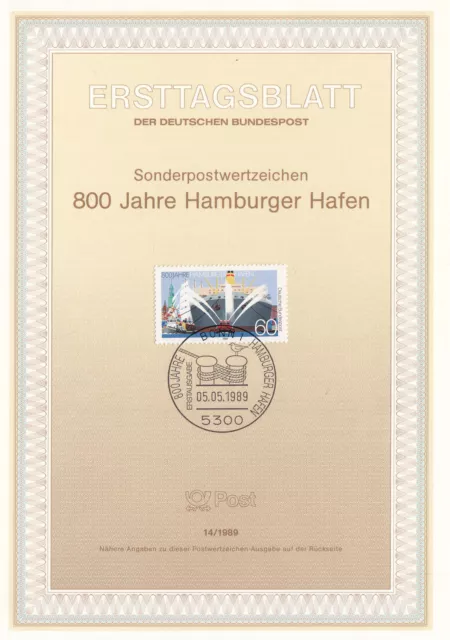 Ersttagsblatt  1989/14   800 Jahre Hamburger Hafen    Brd