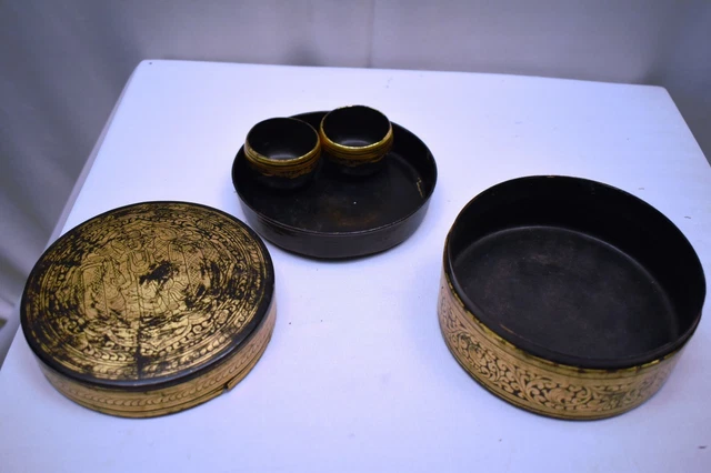 Antique Burmese Betel Nut Box Gilt Lacquerware Myanmar Floral Gold Painted King" 9