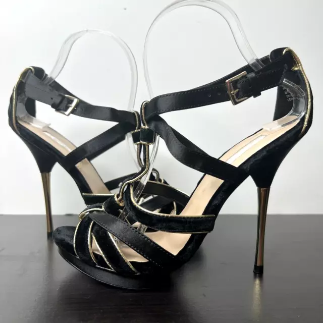H By Halston Heels Sandals US 8 Black Gold Party Shoes Pump SAtin Velvet H By Halston Heels Sandals US 8 Black Gold Party Shoes Pump SAtin Velvet