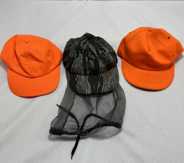 Vintage SnapBack Trucker Hat Lot Of Camo & Blaze Orange, Bug Net Deer Hunting