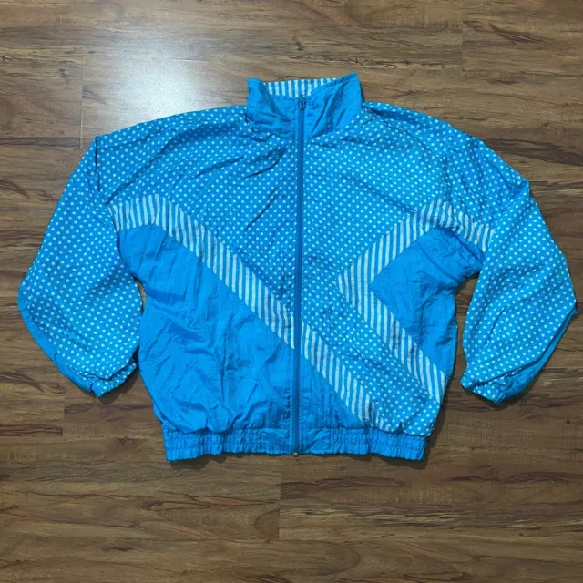 Vtg 90s Blair Boutique Windbreaker Jacket Womens Medium Light Blue Polka Dot Zip
