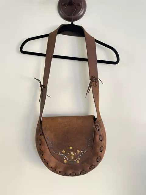 Vintage Brown Hand Tooled 60s 70s Leather Hippie Boho Shoulder Flower Bag Purse