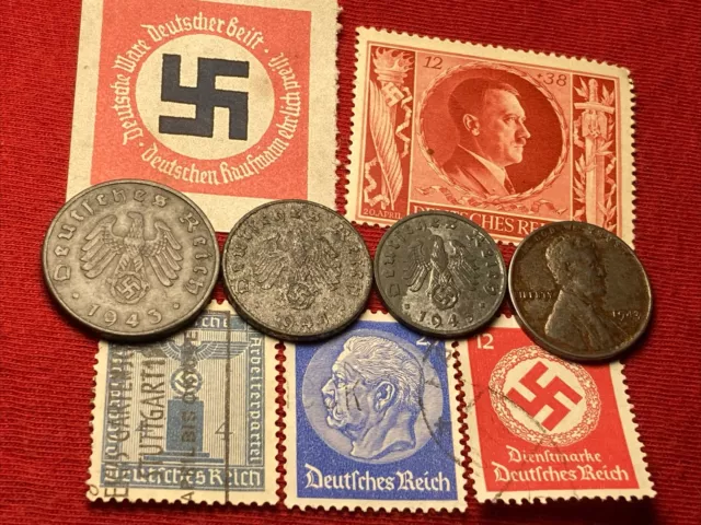 WW2 1943 SET German Reich Nazi Empire Pfennig USA War Penny Coin Stamp Lot