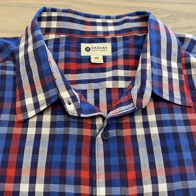 HAGGAR Clothing Red White & Blue Plaid Mens Sz XXL Long Sleeve Button Up Shirt