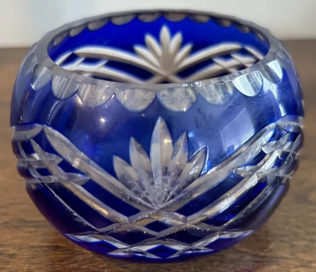 Cobalt Blue Cut to Clear Crystal Rose Bowl Vase Czech Bohemian 2.5 Inches Tall