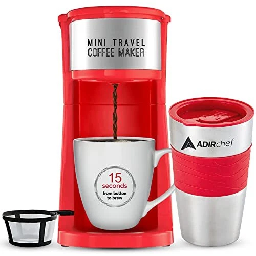 AdirChef Single Serve Mini Travel Coffee Maker & 15 oz. Travel Mug Coffee Tum...