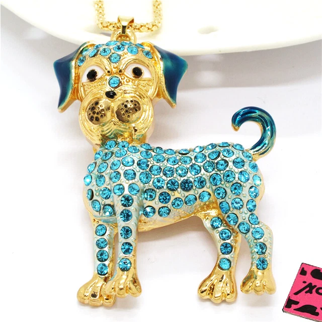 Betsey Johnson Blue Rhinestone Cute Dog Crystal Pendant Chain Necklace