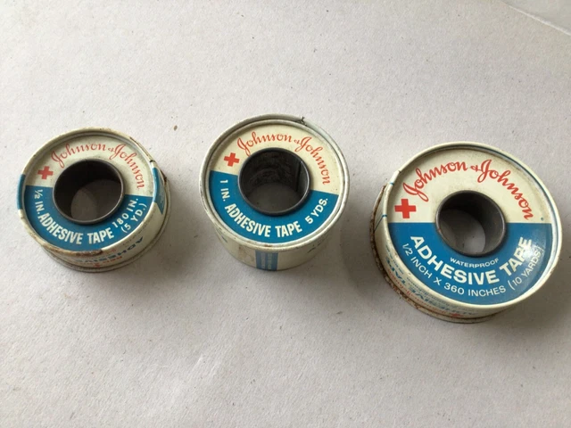 3 Vintage Johnson & Johnson Red Cross Adhesive Tape Tin Metal Spools