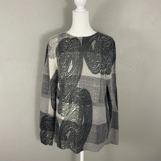 Talbots 100% Cashmere Sweater Size L Gray Paisley Plaid Long Sleeve Pullover