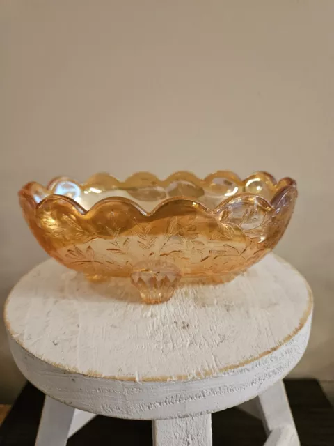 Vintage 1950s Indiana marigold glass Iridescent footed carnival dish. 5.25x 3.5 2