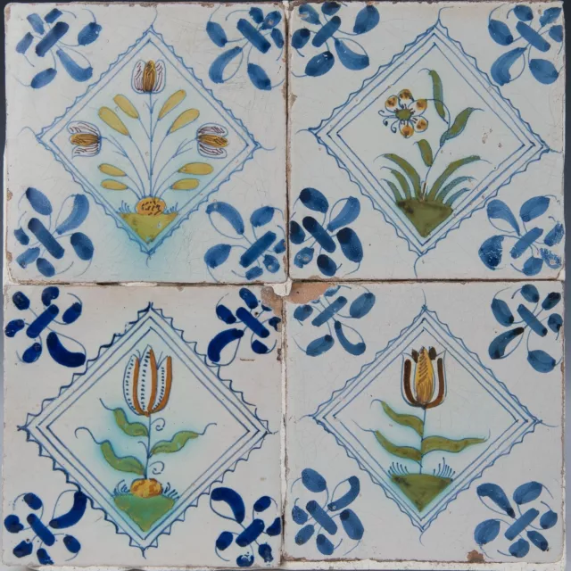 Nice Dutch Delft polychrome 4 tile panel, flower in blue diamond, 17th. century.