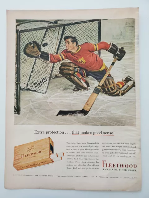 Fleetwood Cigarettes Cleaner Smoke Hockey Goalie Net Puck 1943 Vintage Print Ad