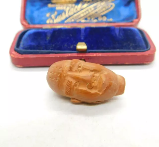 Victorian Chinese Carved Almond Seed Face Form Bead Pendant Antique c1900