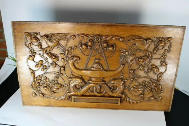 Antique wood carved cabinet panel with dragons  eagle birds rare