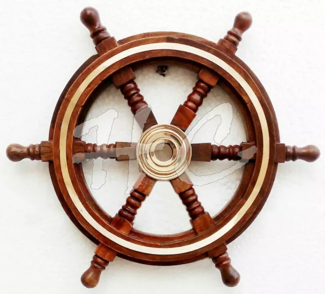 18" Brass Nautical Brown Wooden Marine Ship Wheel Boat Steering Home Wall Décor