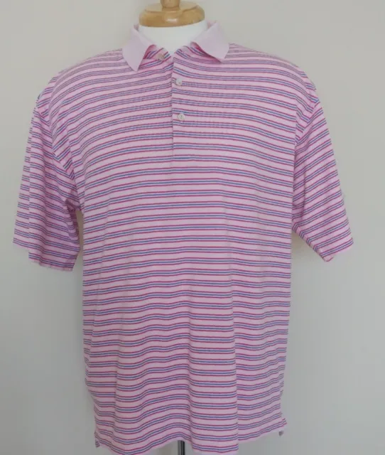 Peter Millar Men's Large Cotton Golf Polo Pink/White/Blue Striped Preppy Classic
