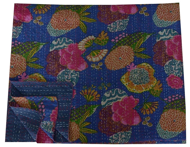 Funda de cama con estampado Tropicana edredón indio Kantha azul ropa de cama Queen Gudari