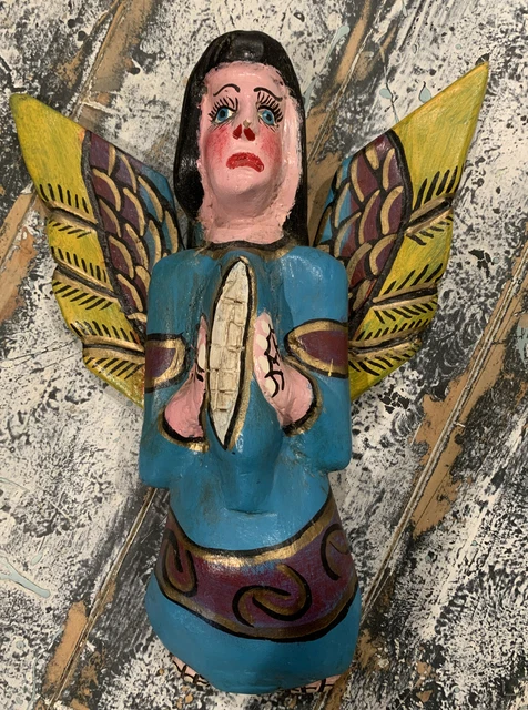 Vintage Mexican Folk Art Carved Wooden Angel or Cherub Wall Hanging