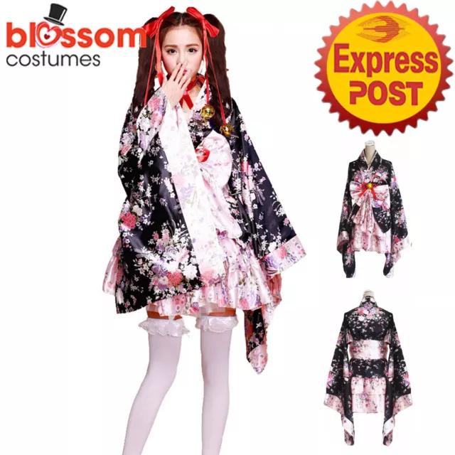 N337 Japanese Women Lolita Pink Sakura Kimono Maid Geisha Cosplay Anime Costume