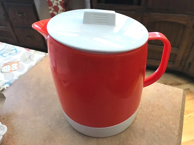 Vintage Quikut Thermal Insulated Pitcher Mid Century Orange Red White 7.5" Tall