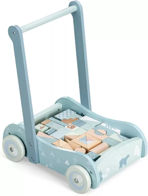 Baby Wooden Walker and Bricks Activity Block Cart Learning Push Along Toy Blocks