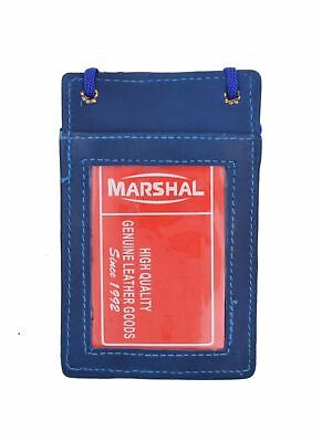 ID Card Holder Badge Passport Card Press NameTag Pouch Leather W Neck Strap Blue