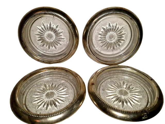 4 Vintage Silver Plate Rimmed Glass Coaster Sunburst MOD Design Leonard Italy