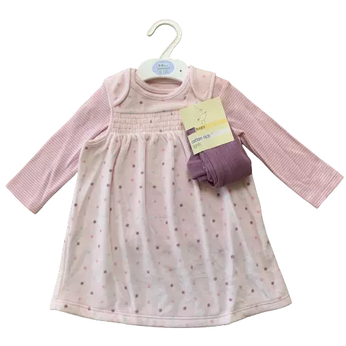 Baby Girl Pink 3 Piece Dress Top & Tights Outfit Set Age 6 - 9 Months Ex M&S