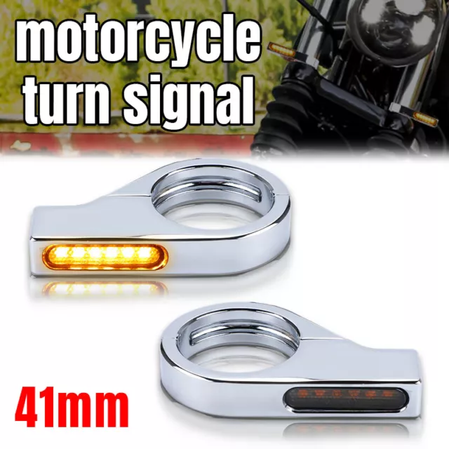 2X Motorcycle LED Turn Signal Mount Bracket Fork Tube Clamps 41mm Lights Chrome