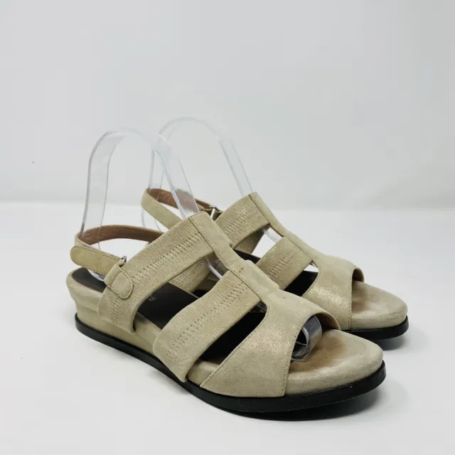 Taryn Rose Size 7.5 Shirley Suede Slingback Wedge Sandals Tan Shimmer Open Toe