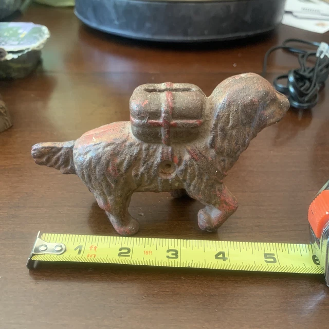 Vintage Cast Iron Dog Bank With Package On Back