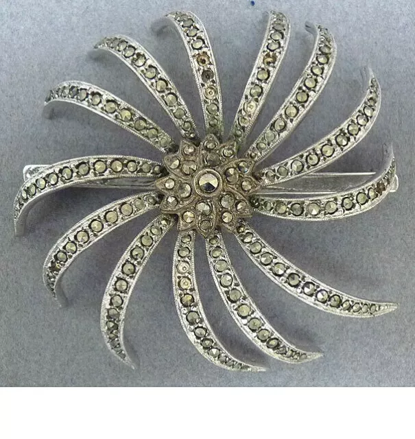Bijou broche fleur en argent massif + marcassite silver brooch bijou ancien
