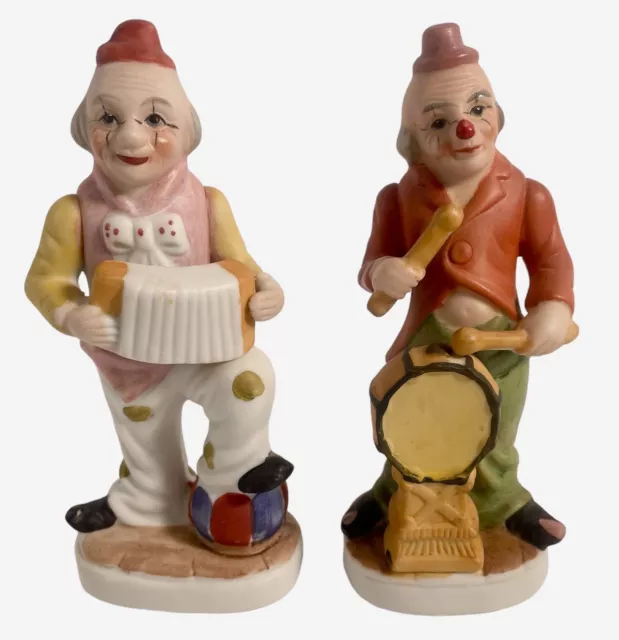 Set of 2 Musical Clowns Bisque Porcelain 6 in Figurines Made in Korea