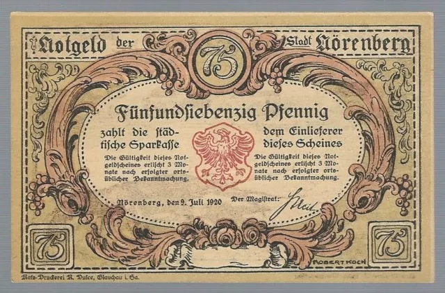 Notgeld - Nörenberg - Stadt Nörenberg (heute Ińsko in Polen) - 75 Pfennig - 1920