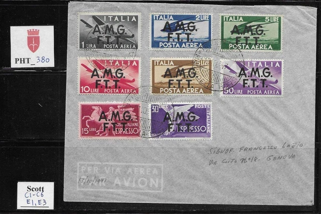 PHT_380. TRIESTE FTT. 1947 FDC w. DEMOCRATICA air + espresso. Scott C1-C6,E1,E3