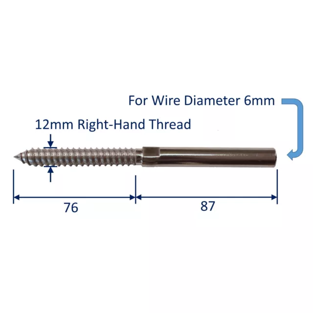 Stainless Steel Swage End Fitting for Wire Rope with Wood-Thread, Sizes 3mm-6mm