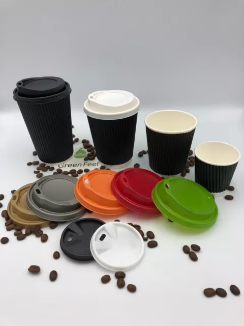 BLACK RIPPLE TRIPLE WALL Disposable Paper Cups 500-1000 x 12oz LIDS Hot Drinks